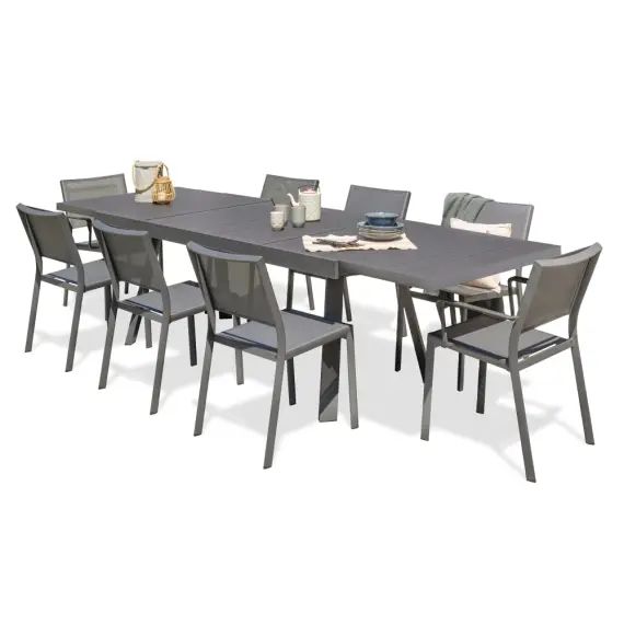 Ensemble repas de jardin 8 places en aluminium gris anthracite