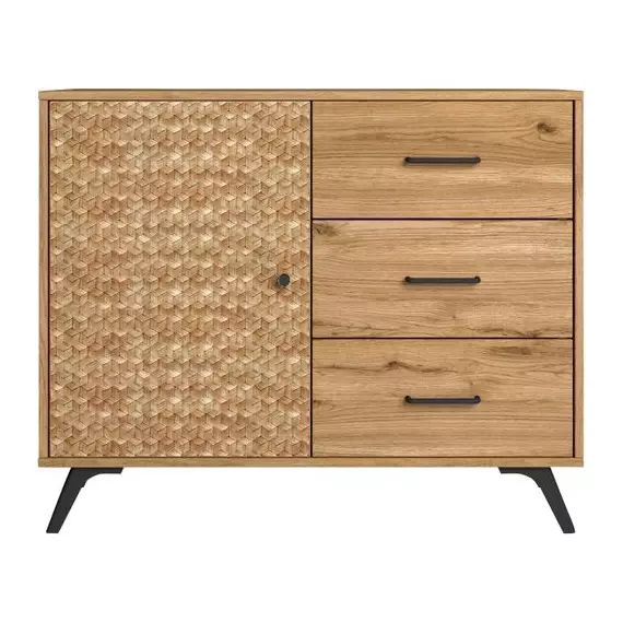 Commode MALACA 3 tiroirs et 1 porte imitation chêne et rotin