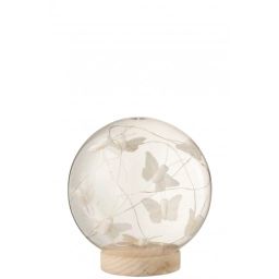 Cloche boule led papillons verre/bois blanc/naturel H16cm