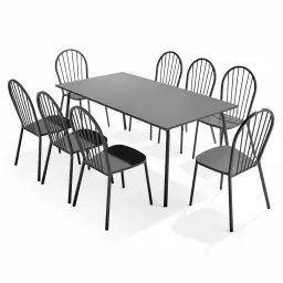 Ensemble table de jardin et 8 chaises bistrot en acier gris
