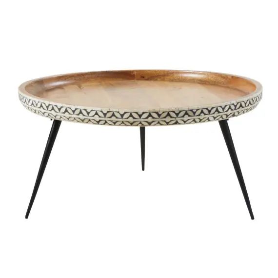 Table basse ronde en manguier massif sculpté et métal noir Krishna