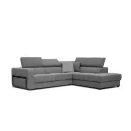 Canapé d’angle droit 5 places en tissu gris avec coussins déco
