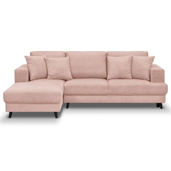 Canapé d’angle gauche convertible 4 places en velours côtelé rose pâle