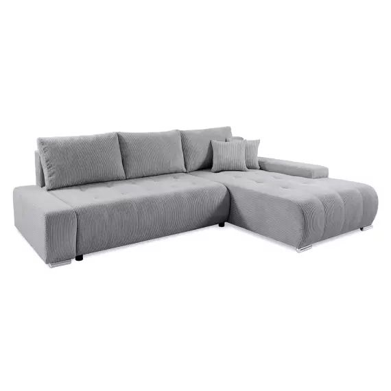 Canapé d’angle convertible droit 4 places coffre velours côtelé gris