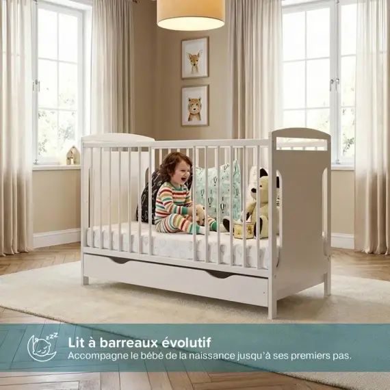 Lit Bébé évolutif avec tiroir  60×120 (matelas non inclus)