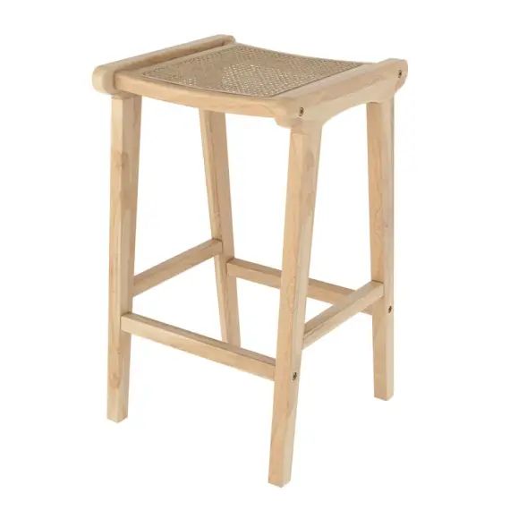 Tabouret de bar mi-hauteur en teck et rotin naturel 65 cm