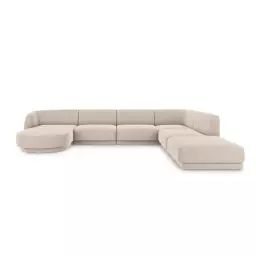 Canapé d’angle côté droit 6 places en tissu chenille beige