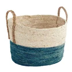 Panier de rangement en paille avec 2 poignées – Bleu – 39x33x27cm