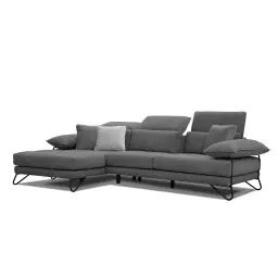 Canapé d’angle gauche 4 places en tissu gris foncé avec coussins déco