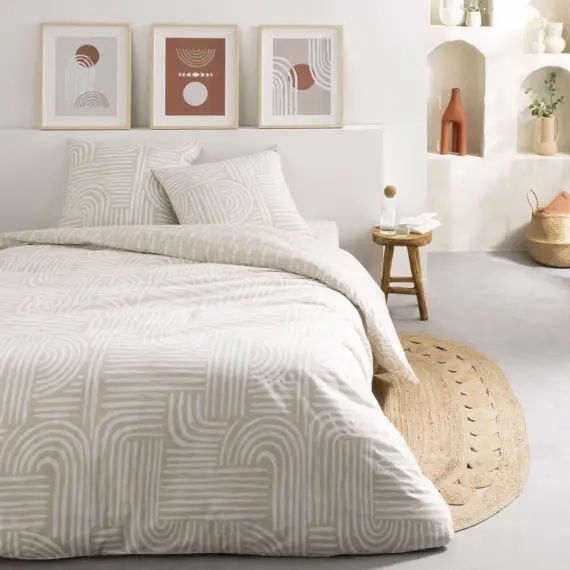 Parure de lit 2 personnes en coton 57 fils imprimé beige 240x220cm