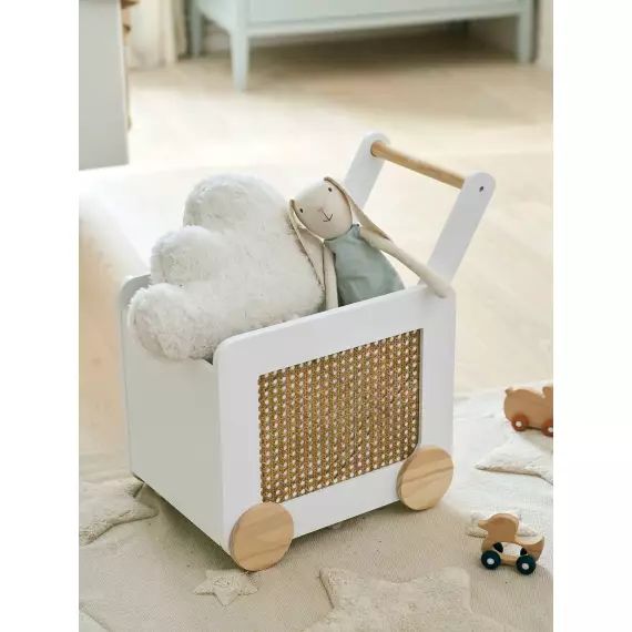 Coffre bibliothèque à roulettes en cannage ecru