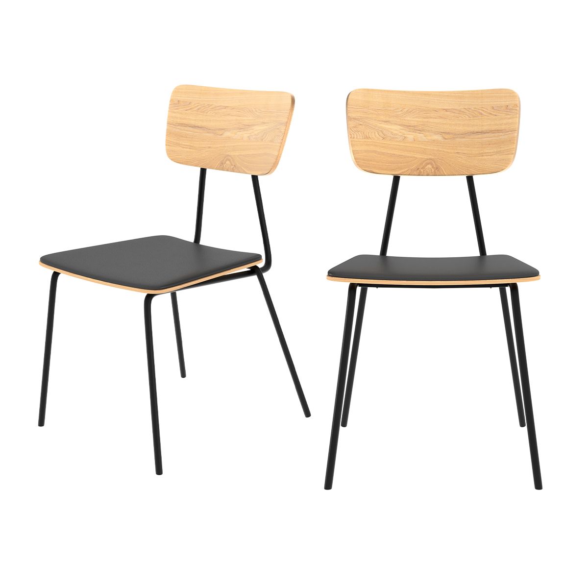 Chaise en bois clair, cuir synthétique et pieds métal noir (lot de 2)