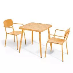 Ensemble table de jardin et 2 fauteuils en aluminium jaune moutarde