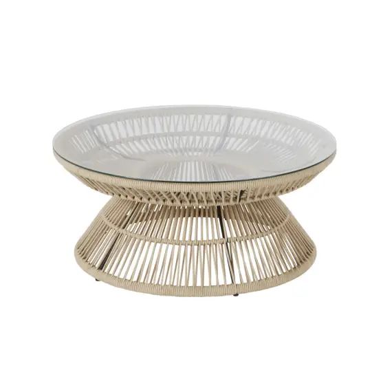 Table basse de jardin ronde en corde beige et verre