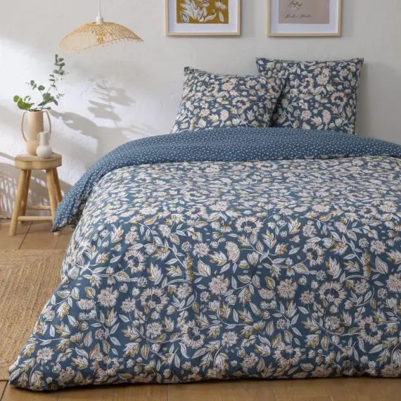 Parure de lit 2 personnes en percale 70 fils imprimé bleu 240x220cm