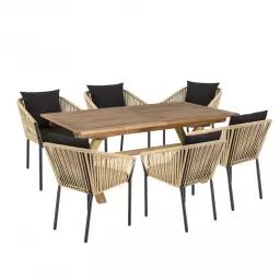 Salon de jardin 6 pers – 1 table rect. 180x100cm et 6 fauteuils beiges