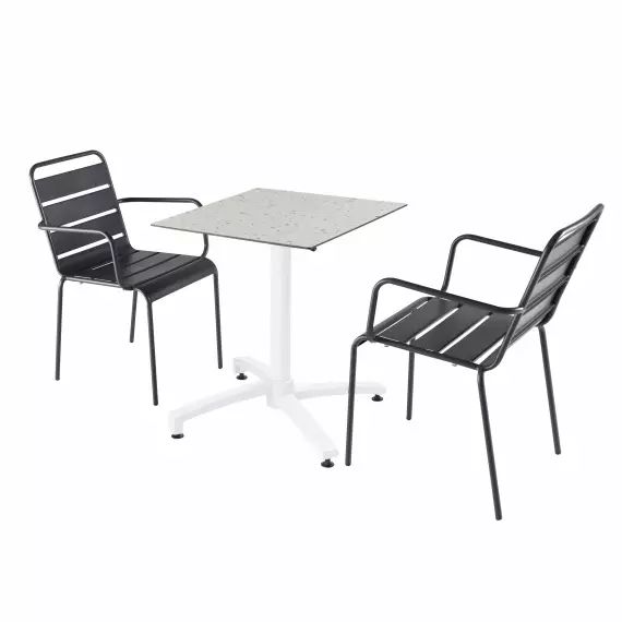 Ensemble table de jardin stratifié terrazzo et 2 chaises gris