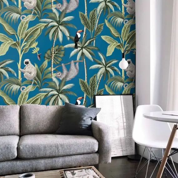 Papier Peint Bleu Jungle Tropicale 250×200 cm