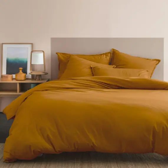 Parure de lit unie en coton lavé Caramel 260×240+2x65x65cm
