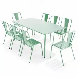Ensemble table de jardin et 8 chaises bistrot en acier vert sauge