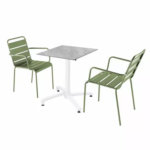 Ensemble table de jardin stratifié marbre avec 2 fauteuils vert cactus