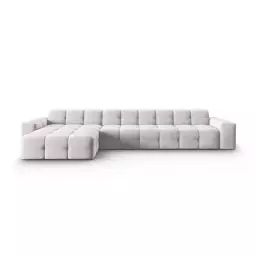 Canapé d’angle gauche 5 places en tissu velours gris clair
