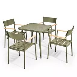 Ensemble table de jardin et 4 fauteuil en aluminium/bois vert kaki
