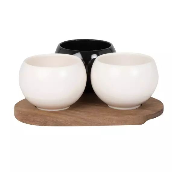 Coupelles apéritives en grès beige et noir (x3) plateau en bois d&rsquo;acacia