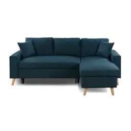 Canapé d&rsquo;angle scandinave convertible avec coffre en tissu bleu