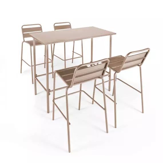 Ensemble table haute et 4 chaises de bar en métal taupe