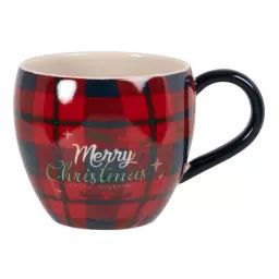 Mug en grès à motifs tartan noirs, blancs, rouges, verts, dorés mat et beiges