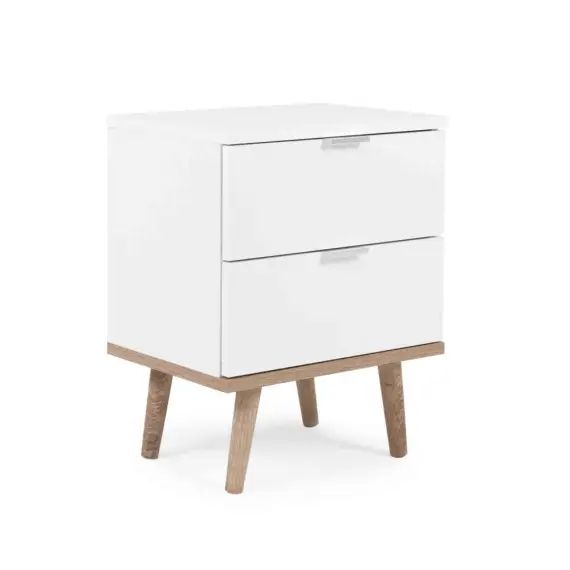 Table de chevet en bois blanc 2 tiroirs avec poignées en métal