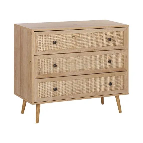 Commode 3 tiroirs effet bois clair / rotin