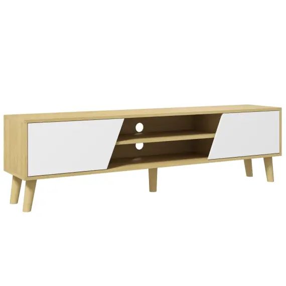 Meuble TV bas sur pied style scandinave 2 portes 2 niches chêne clair