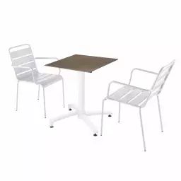 Ensemble table jardin stratifié taupe et 2 fauteuils blanc