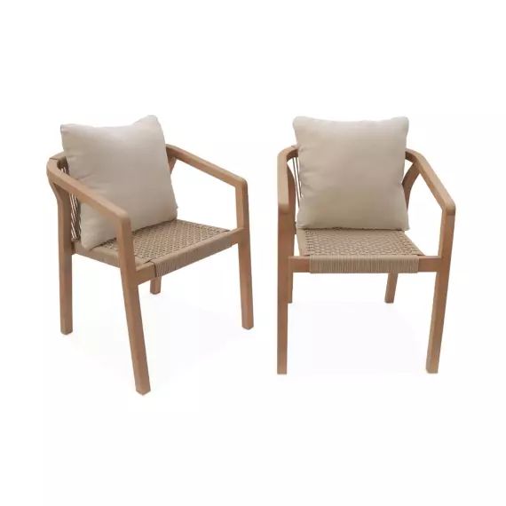2 chaises de jardin bois et corde avec coussin