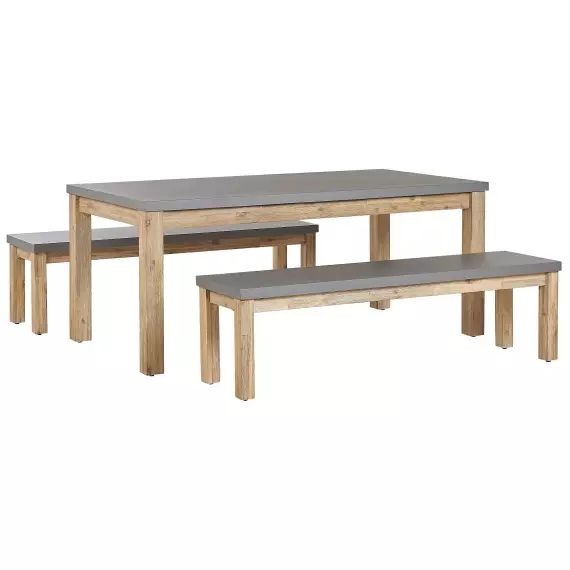 Set de jardin table et 2 bancs gris en fibre-ciment et bois