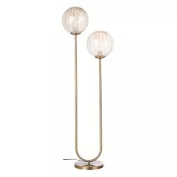 Lampadaire en métal doré et 2 globes en verre ambré H135