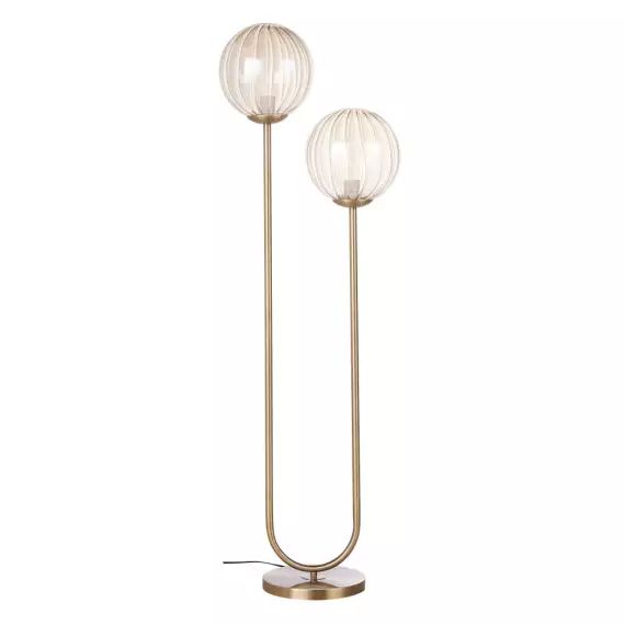 Lampadaire en métal doré et 2 globes en verre ambré H135