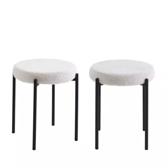 Rufus – Lot de 2 tabourets en bouclette et métal – Couleur – Blanc / Noir