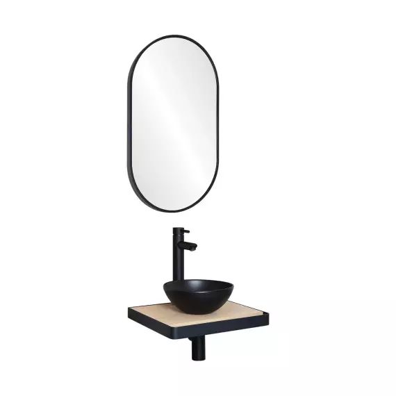 Meuble lave-mains  plan fin p-serviette face vasque noire + miroir