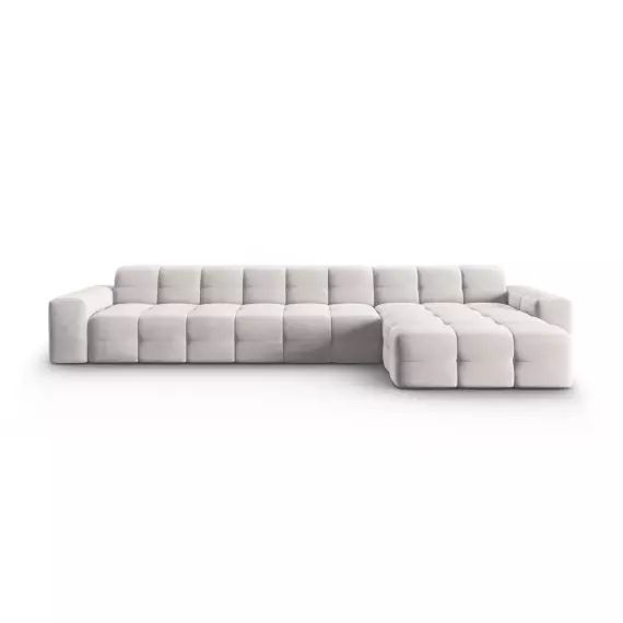 Canapé d’angle droit 5 places en tissu velours gris clair