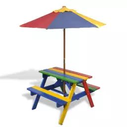 Table et bancs avec parasol pour enfants bois multicolore