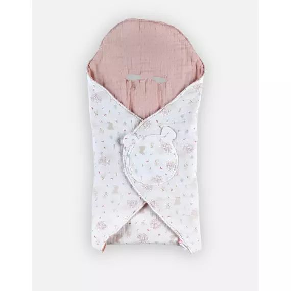 Couverture promenade mousseline de coton BIO ouatinée, écru/rose clai