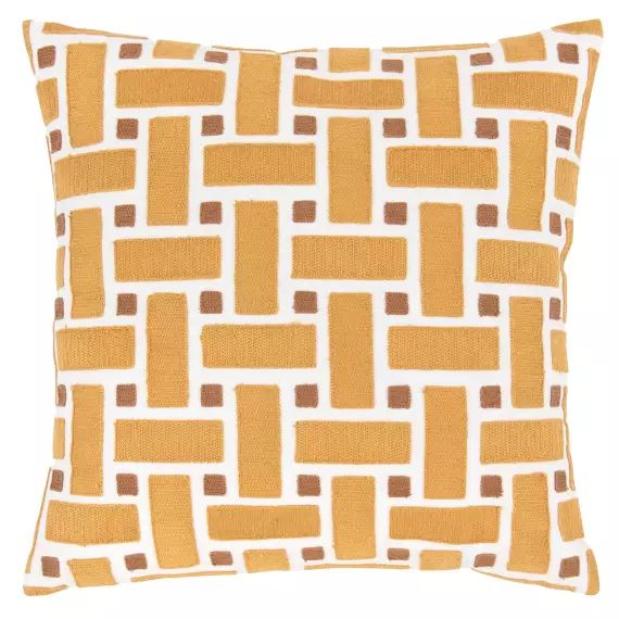 Housse de coussin en coton brodé à motif géométrique jaune ocre 40×40