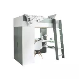 Lit mezzanine avec bureau et armoire Blanc Et Vert