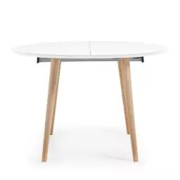 Oqui – Table ronde extensible en laqué pieds bois ⌀120-200x120cm