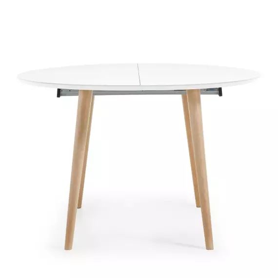 Oqui – Table ronde extensible en laqué pieds bois ⌀120-200x120cm