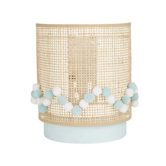 Applique en rotin et tissu bleu décoré de pompons écrus et bleus
