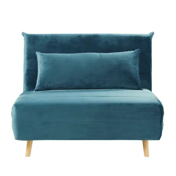 Banquette convertible 1 place en velours bleu pétrole Nio